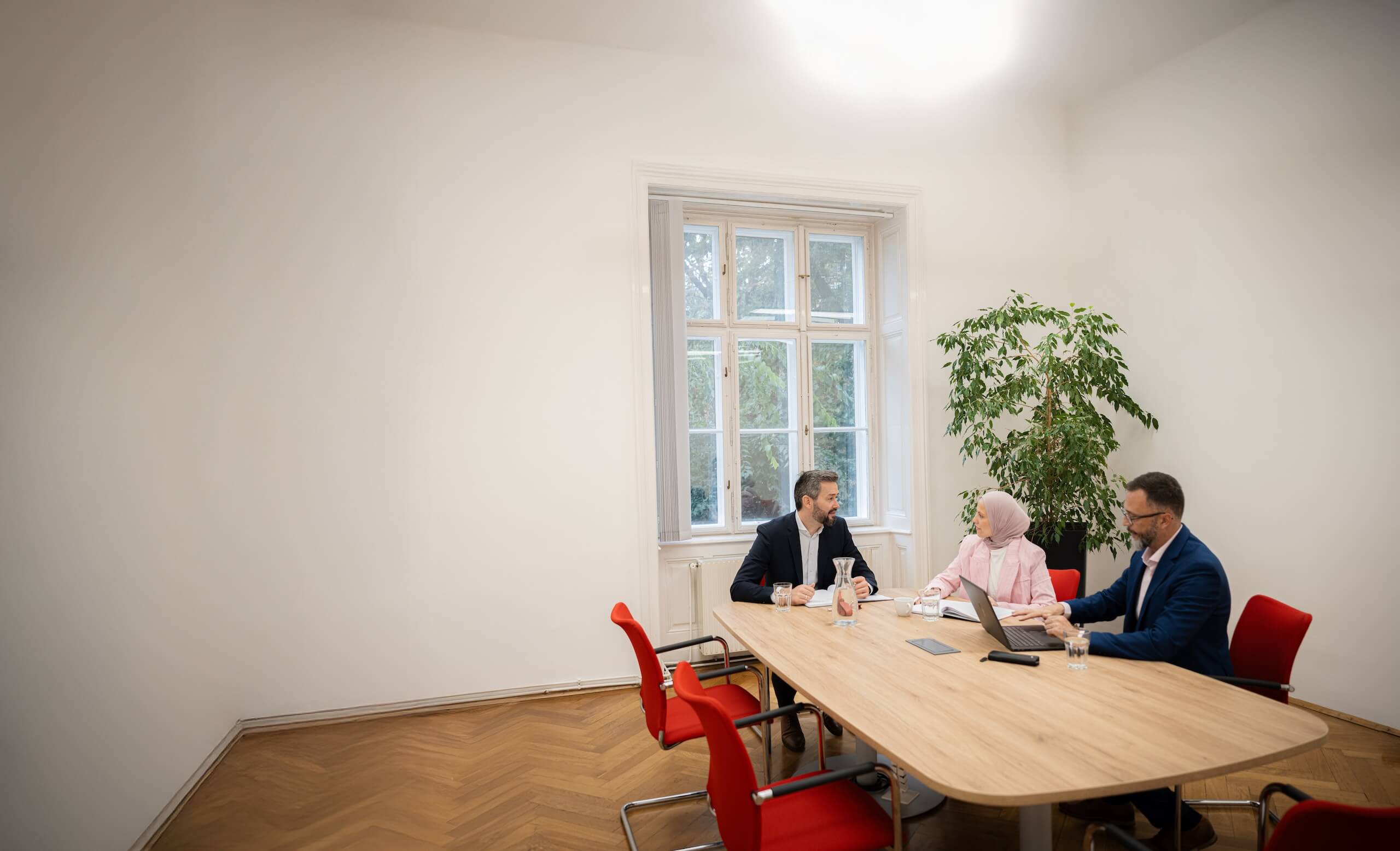 Drei Personen sitzen im Büro an einem Tisch im Gespräch, im Hintergrund ein Fenster und eine große Pflanze.
