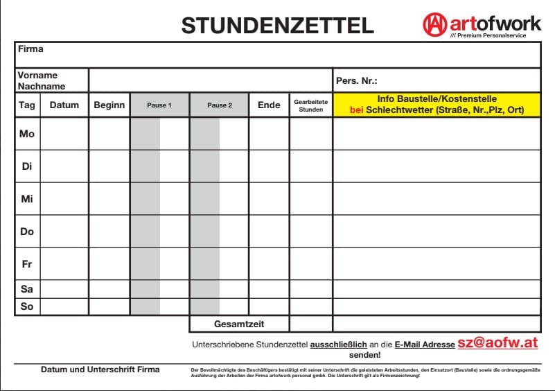Stundenzettel-Vorlage für Arbeitszeiterfassung bei artofwork Personaldienstleister, mit Feldern für Zeiten und Baustelleninfos.